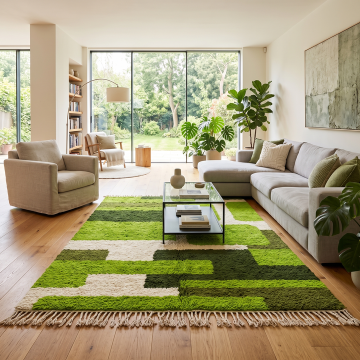 Modern green Moroccan wool rug with geometric Berber pattern and white lines on white background
