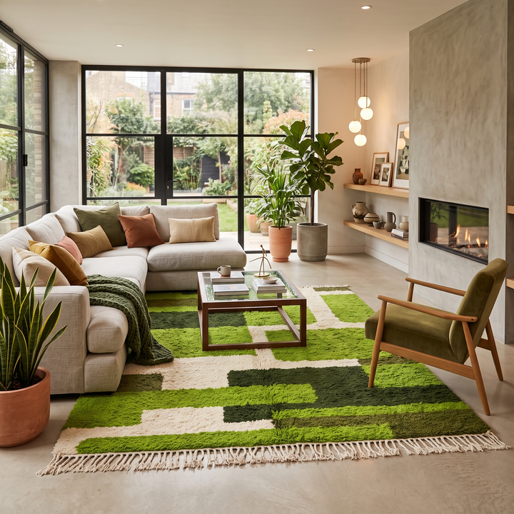Modern green Moroccan wool rug with geometric Berber pattern and white lines on white background
