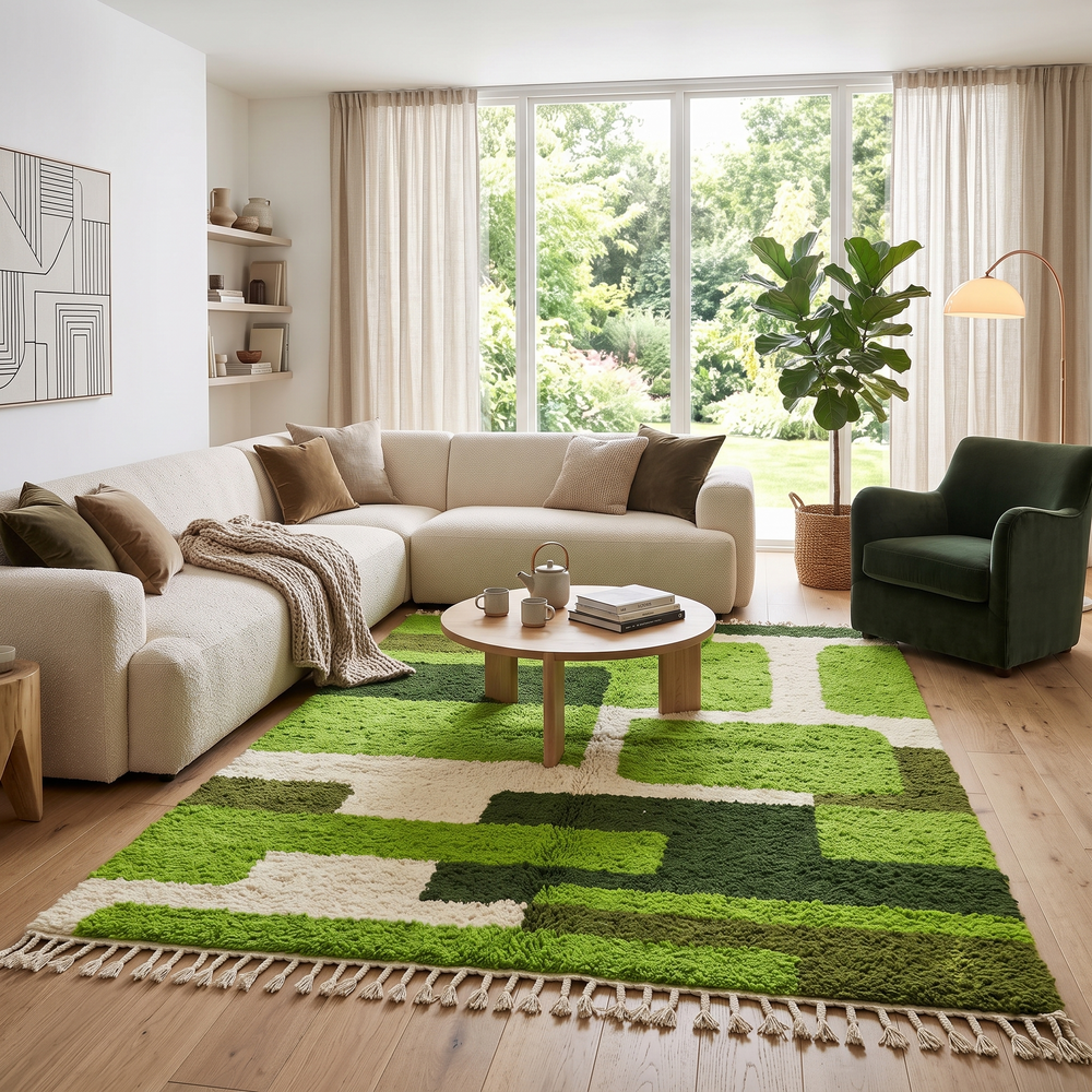 Modern green Moroccan wool rug with geometric Berber pattern and white lines on white background
