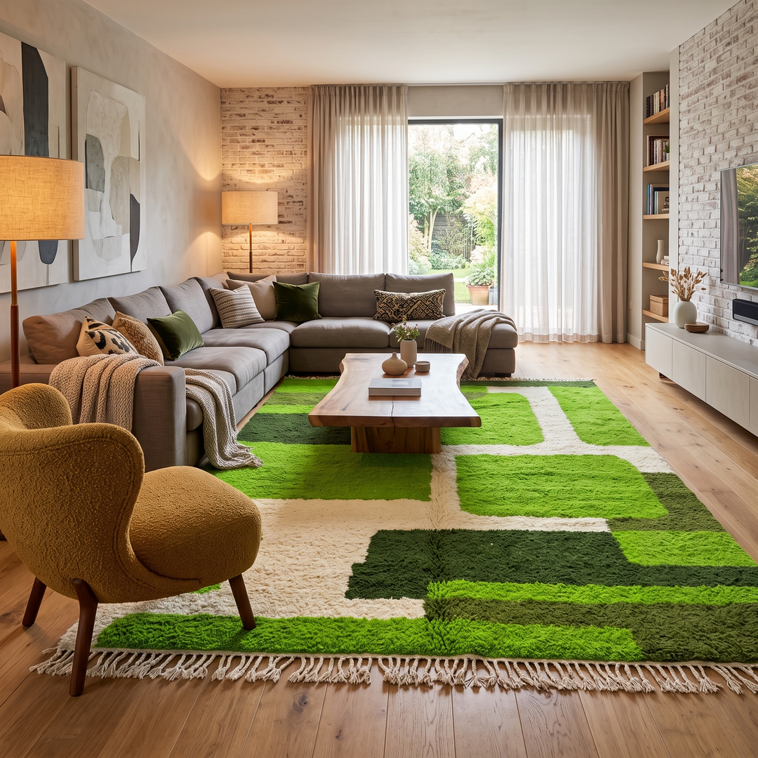 Modern green Moroccan wool rug with geometric Berber pattern and white lines on white background

