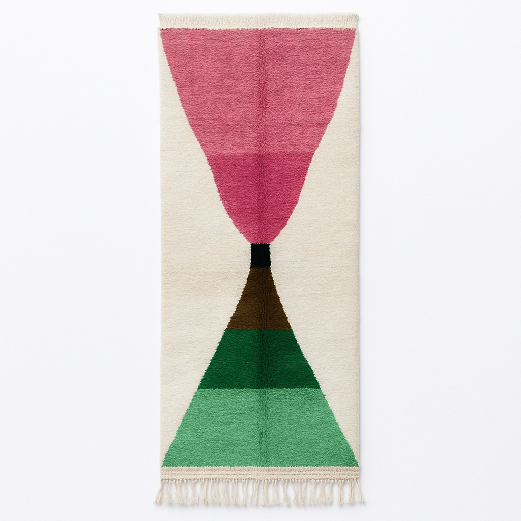 Modern handmade Moroccan wool runner with pink-to-green hourglass design on a white base