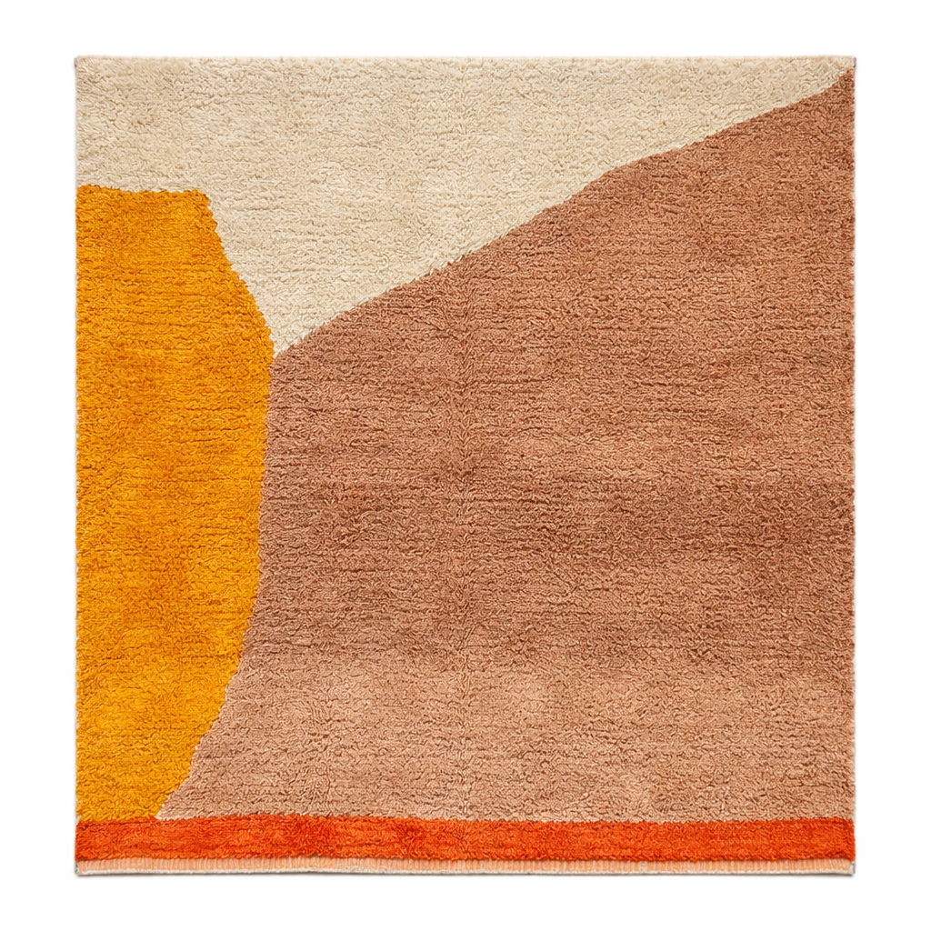 Handmade Moroccan wool rug with minimalist earth-tone design. Soft plush texture, modern style, and ethically crafted in Morocco.