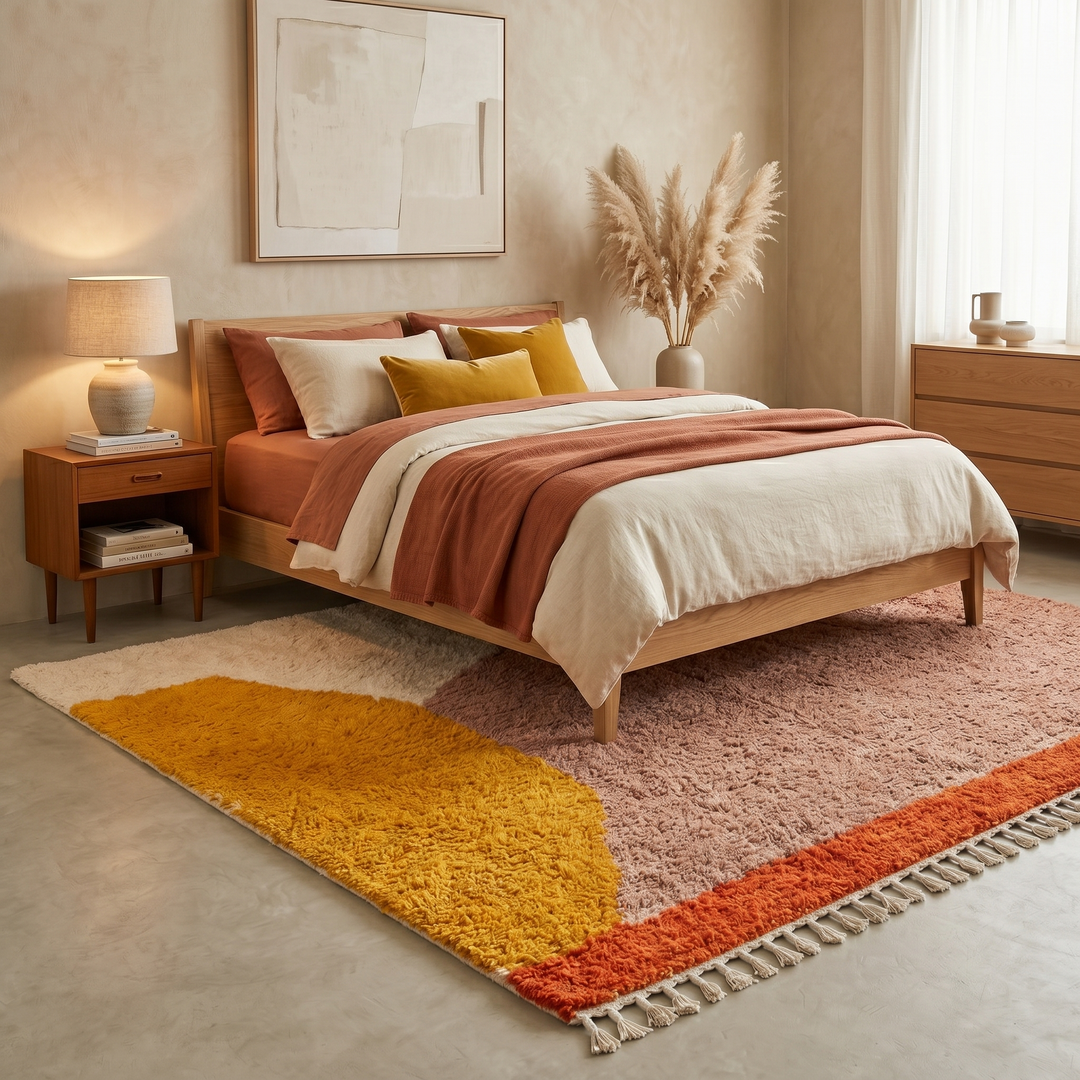 Handmade Moroccan wool rug with minimalist earth-tone design. Soft plush texture, modern style, and ethically crafted in Morocco.