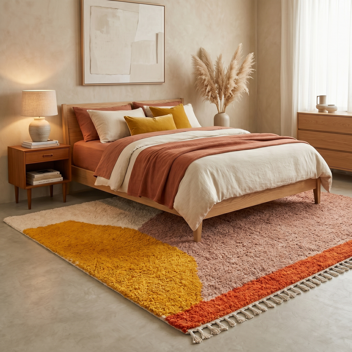 Handmade Moroccan wool rug with minimalist earth-tone design. Soft plush texture, modern style, and ethically crafted in Morocco.