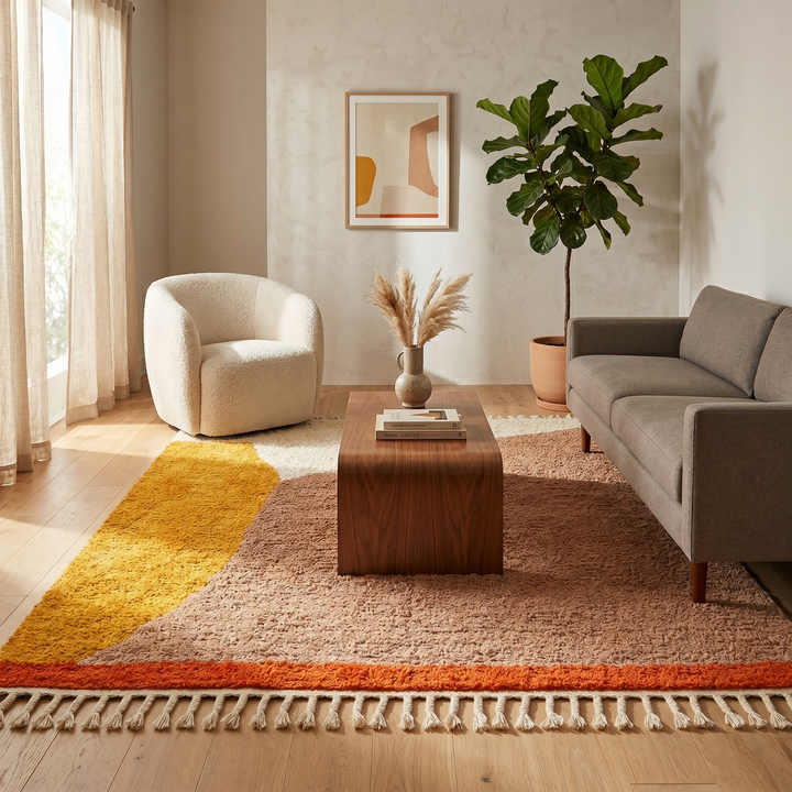 Handmade Moroccan wool rug with minimalist earth-tone design. Soft plush texture, modern style, and ethically crafted in Morocco.
