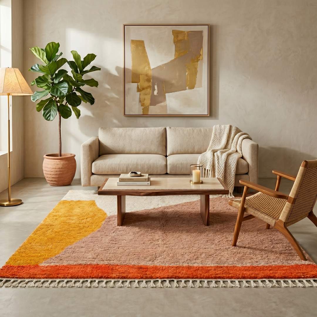 Handmade Moroccan wool rug with minimalist earth-tone design. Soft plush texture, modern style, and ethically crafted in Morocco.