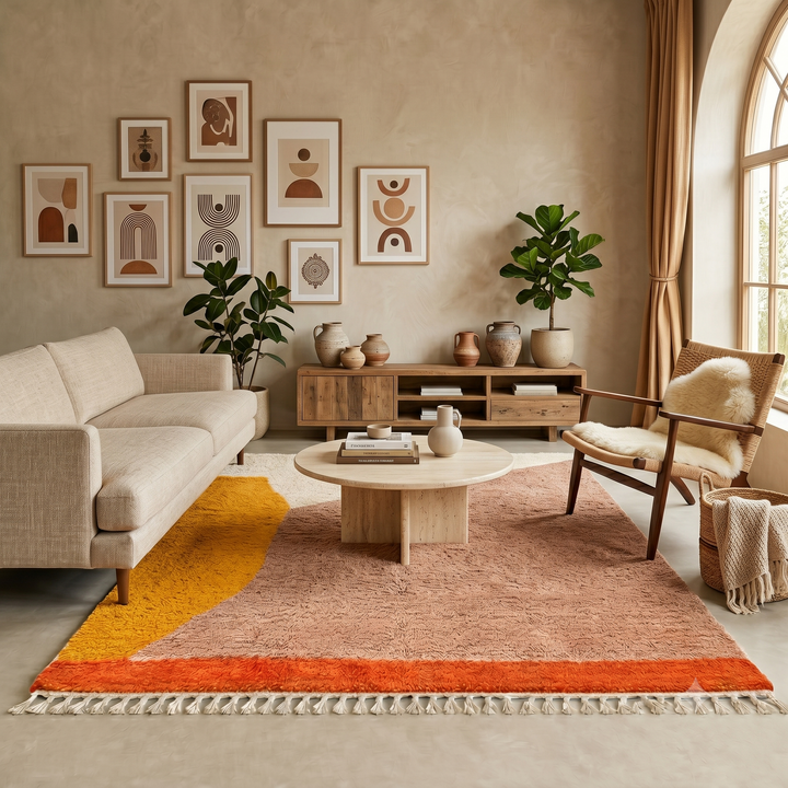 Handmade Moroccan wool rug with minimalist earth-tone design. Soft plush texture, modern style, and ethically crafted in Morocco.