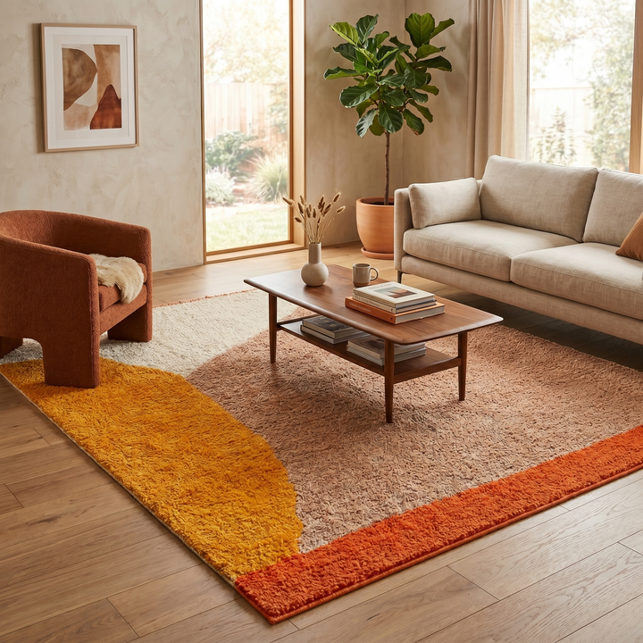 Handmade Moroccan wool rug with minimalist earth-tone design. Soft plush texture, modern style, and ethically crafted in Morocco.