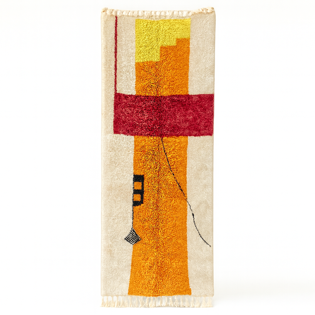 Handmade modern Moroccan wool runner rug with abstract red, orange, and yellow geometric design on a cream background