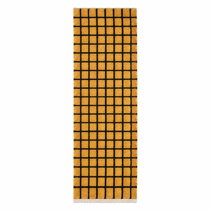 Handmade Moroccan runner rug with black grid pattern in mustard wool