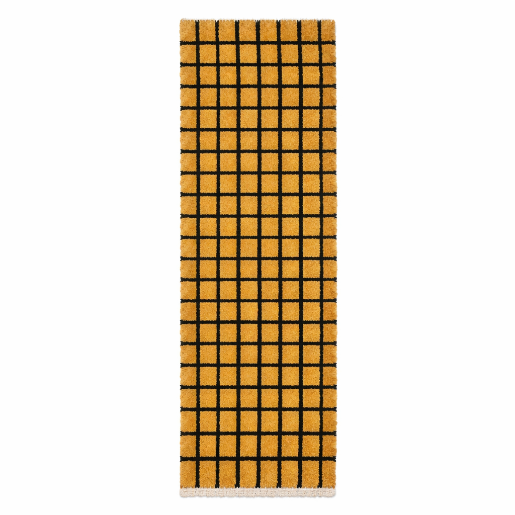 Handmade Moroccan runner rug with black grid pattern in mustard wool