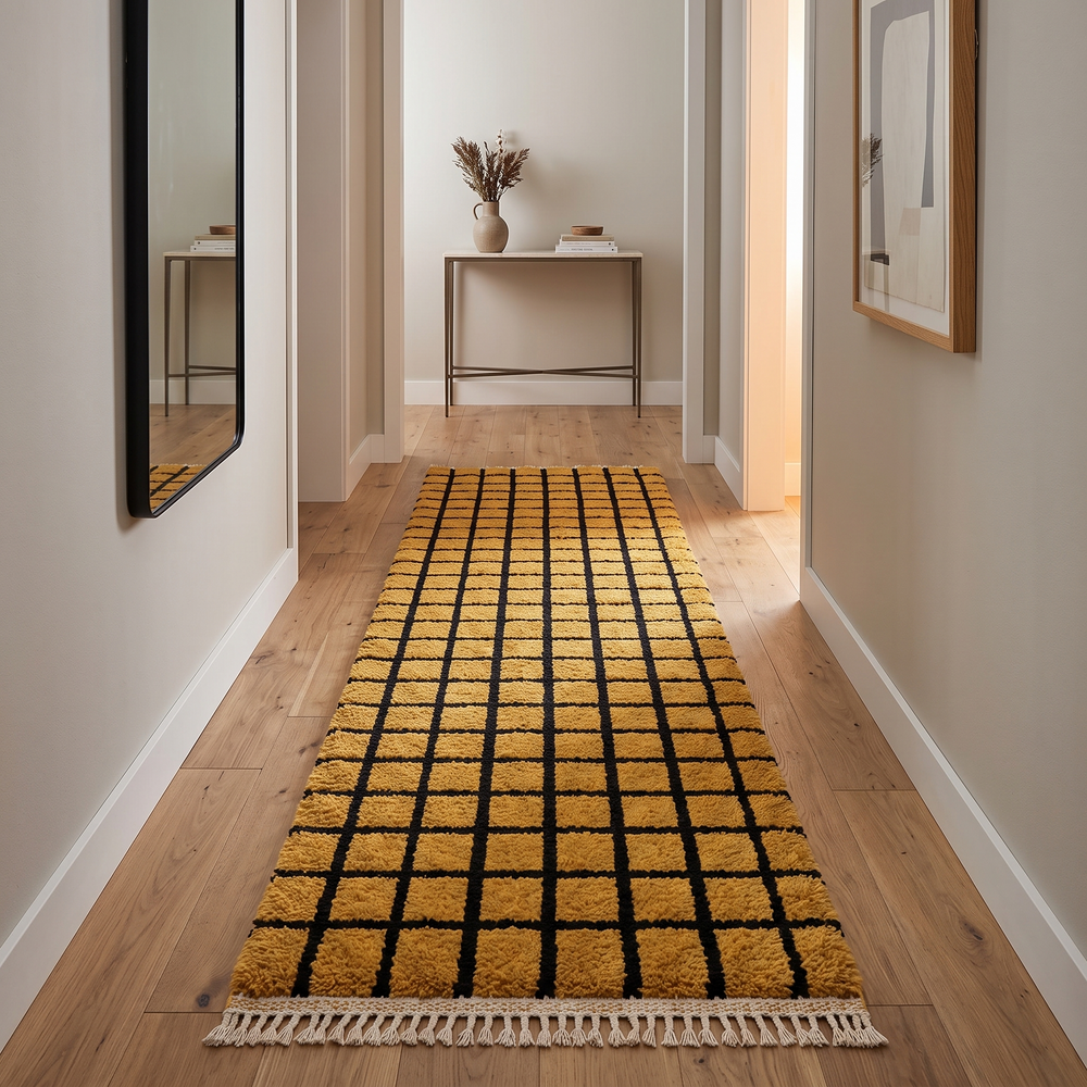 Handmade Moroccan runner rug with black grid pattern in mustard wool