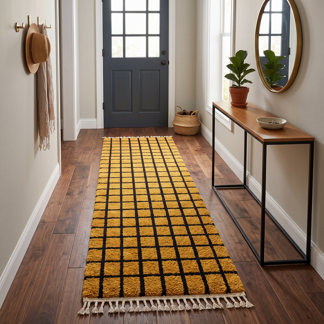 Handmade Moroccan runner rug with black grid pattern in mustard wool