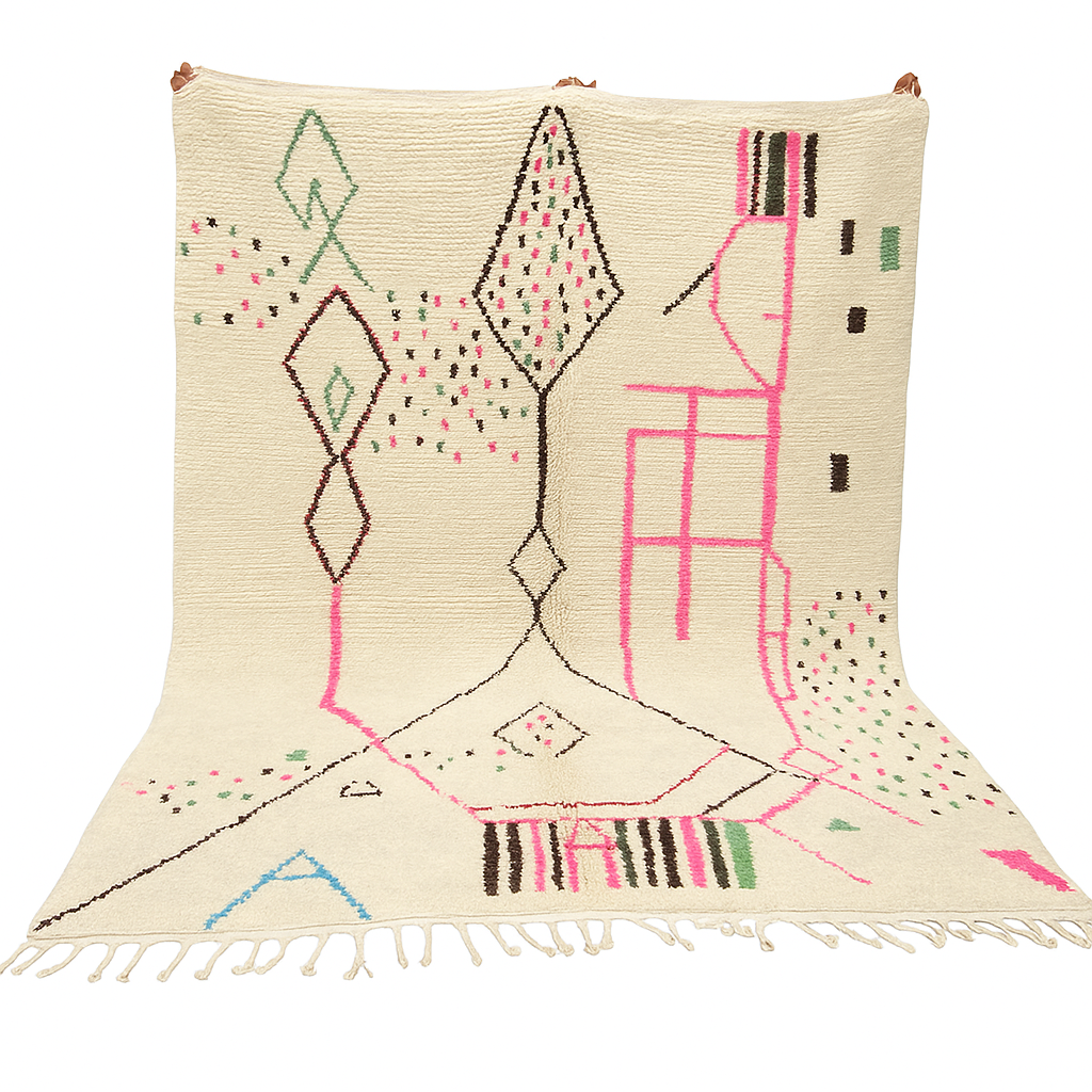 Modern Moroccan Berber wool rug with colorful geometric patterns on a cream background