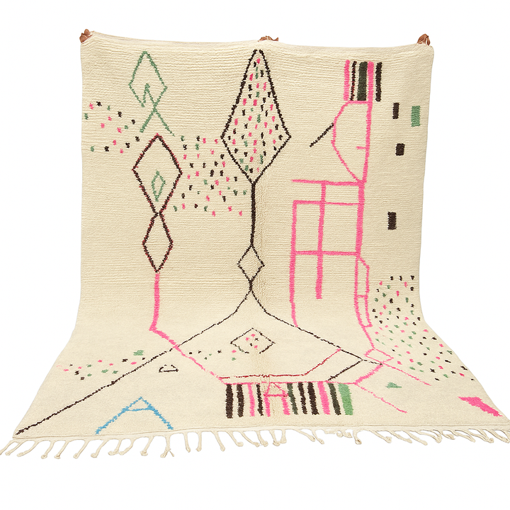 Modern Moroccan Berber wool rug with colorful geometric patterns on a cream background