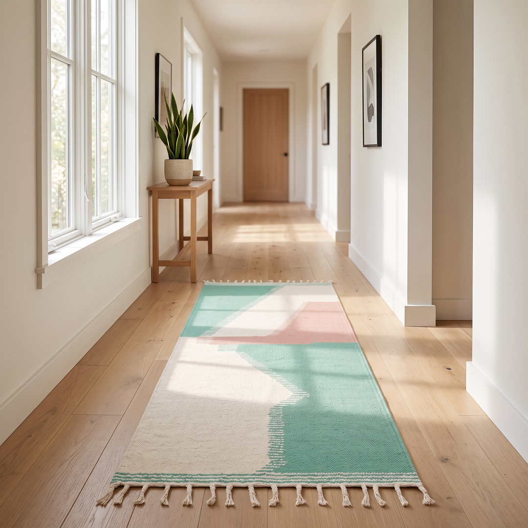Handmade Moroccan Kilim runner rug with pastel green, blush pink, and white geometric design in flatweave texture.