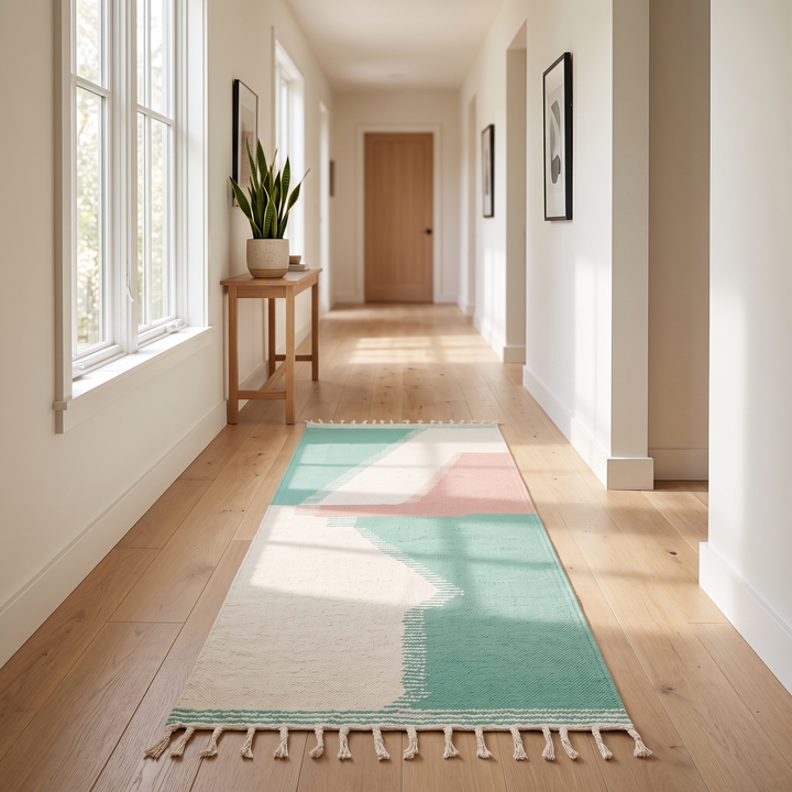 Handmade Moroccan Kilim runner rug with pastel green, blush pink, and white geometric design in flatweave texture.