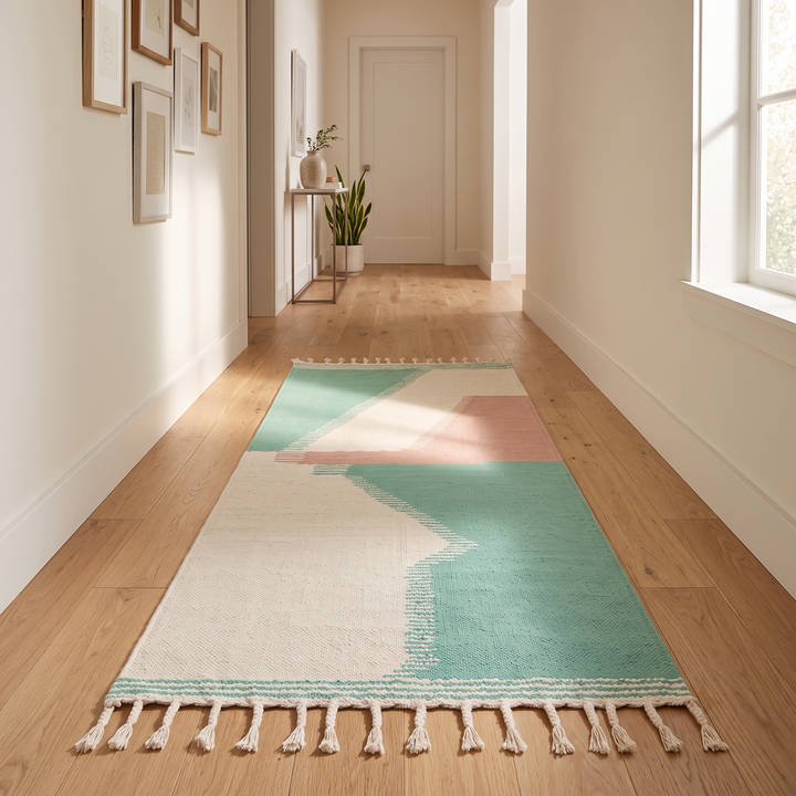 Handmade Moroccan Kilim runner rug with pastel green, blush pink, and white geometric design in flatweave texture.