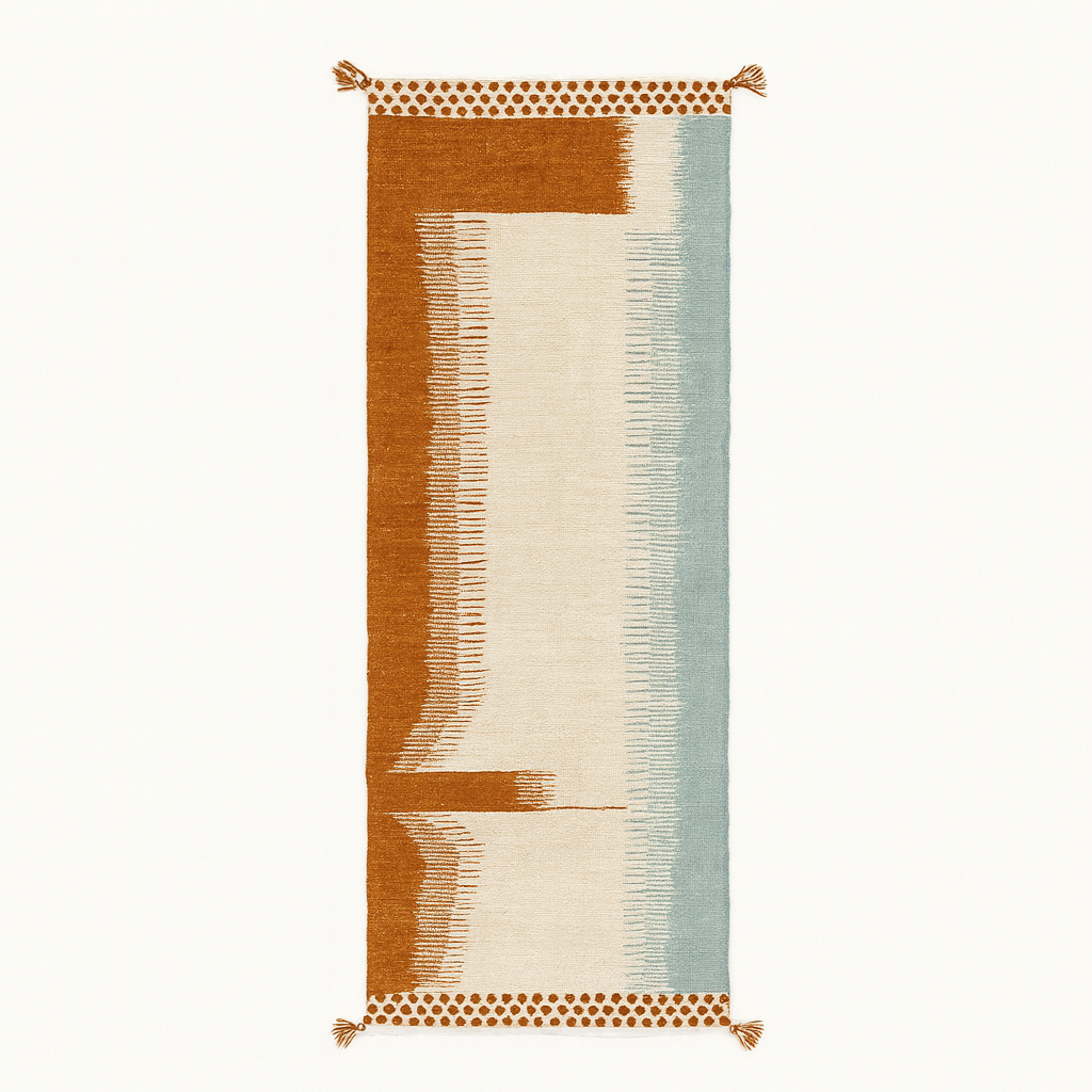 White Moroccan kilim runner rug with brown and blue abstract design, handmade flatweave wool rug for hallway and modern interior décor