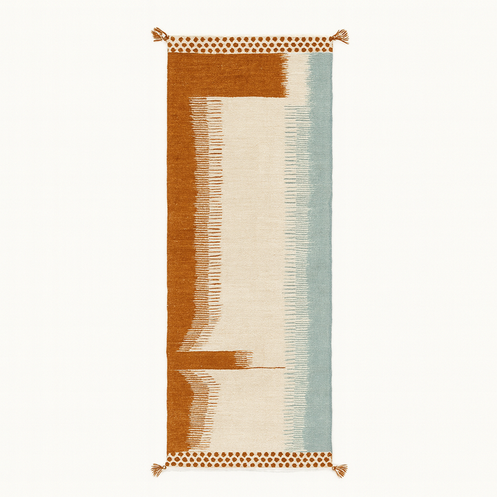 White Moroccan kilim runner rug with brown and blue abstract design, handmade flatweave wool rug for hallway and modern interior décor