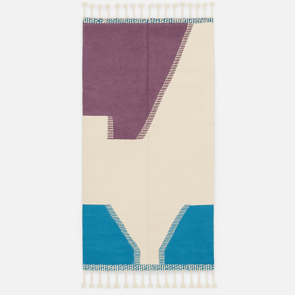 Handmade Moroccan kilim runner rug with purple and blue geometric design on white background, flatwoven hallway runner