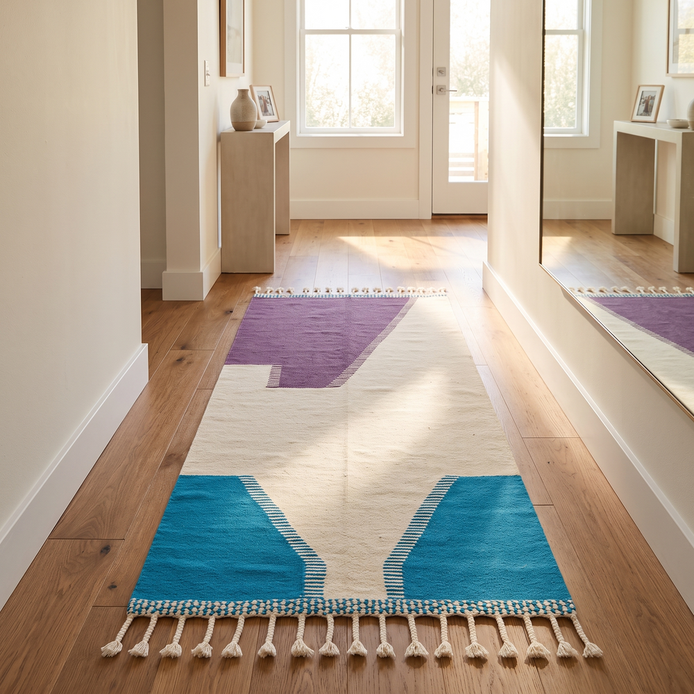 Handmade Moroccan kilim runner rug with purple and blue geometric design on white background, flatwoven hallway runner
