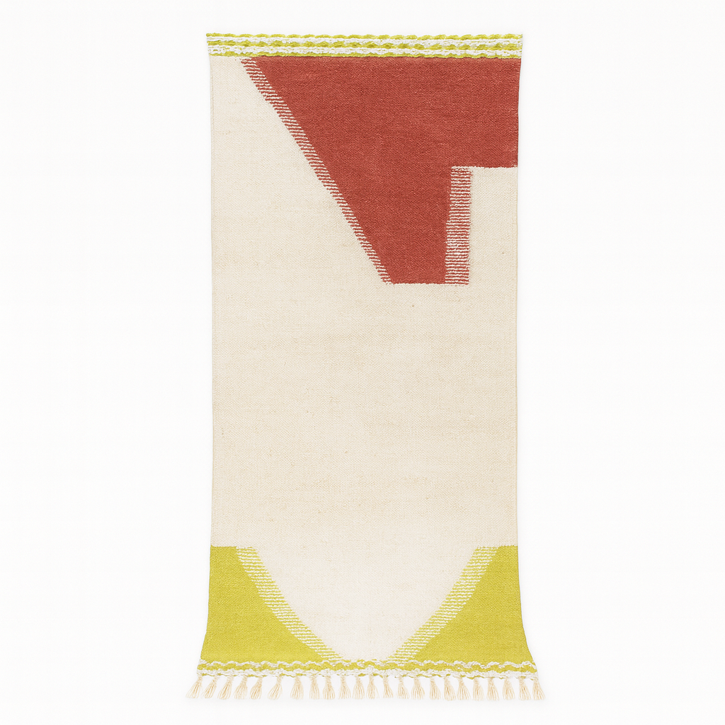 Handwoven Moroccan kilim runner rug with modern red and yellow abstract geometric design on a cream flatweave wool base.