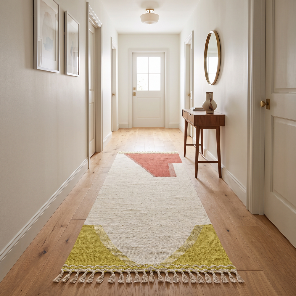 Handwoven Moroccan kilim runner rug with modern red and yellow abstract geometric design on a cream flatweave wool base.