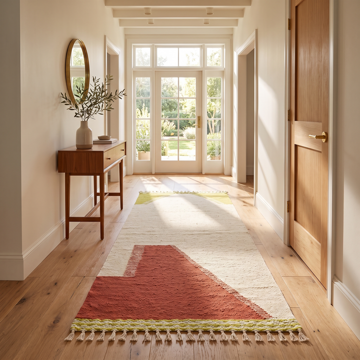 Handwoven Moroccan kilim runner rug with modern red and yellow abstract geometric design on a cream flatweave wool base.