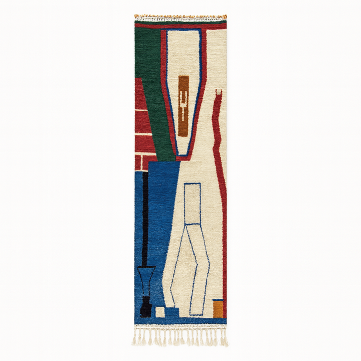 Modern Moroccan runner rug with abstract Berber design in blue, green, red and white, handmade wool hallway carpet with tribal motifs