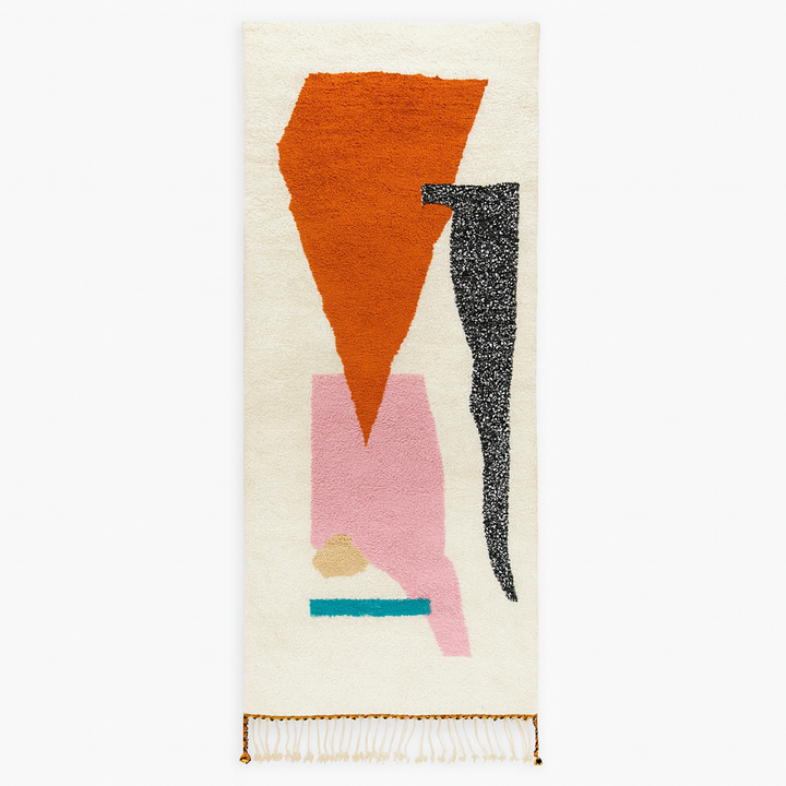 Handmade modern Moroccan runner rug with abstract orange, pink, and black geometric shapes on a white wool base