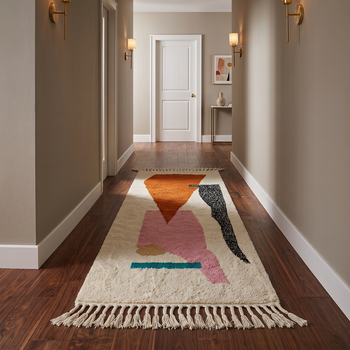 Handmade modern Moroccan runner rug with abstract orange, pink, and black geometric shapes on a white wool base