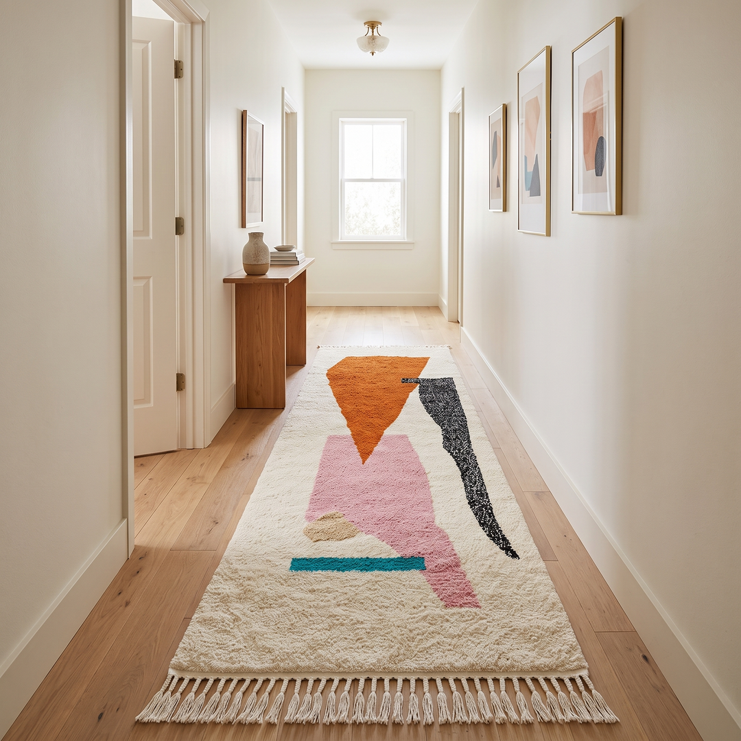 Handmade modern Moroccan runner rug with abstract orange, pink, and black geometric shapes on a white wool base