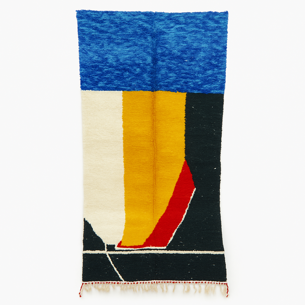 Handmade Moroccan runner rug with abstract blue, yellow, red and black geometric design, modern wool hallway runner with artistic pattern