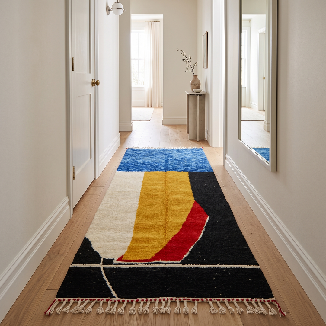 Handmade Moroccan runner rug with abstract blue, yellow, red and black geometric design, modern wool hallway runner with artistic pattern