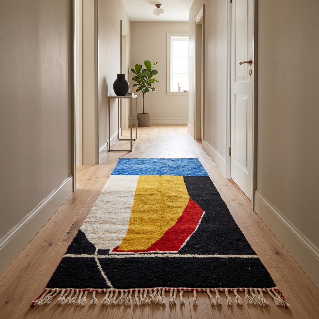 Handmade Moroccan runner rug with abstract blue, yellow, red and black geometric design, modern wool hallway runner with artistic pattern