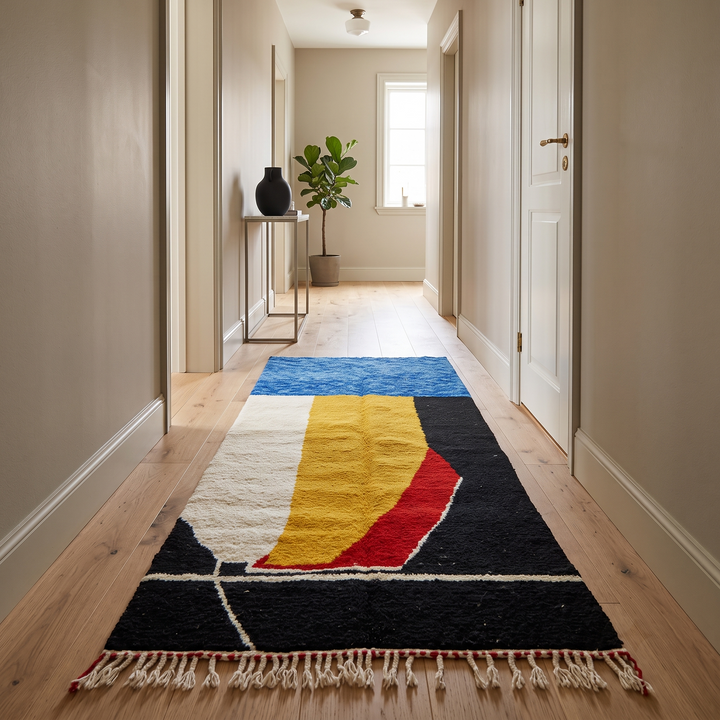 Handmade Moroccan runner rug with abstract blue, yellow, red and black geometric design, modern wool hallway runner with artistic pattern