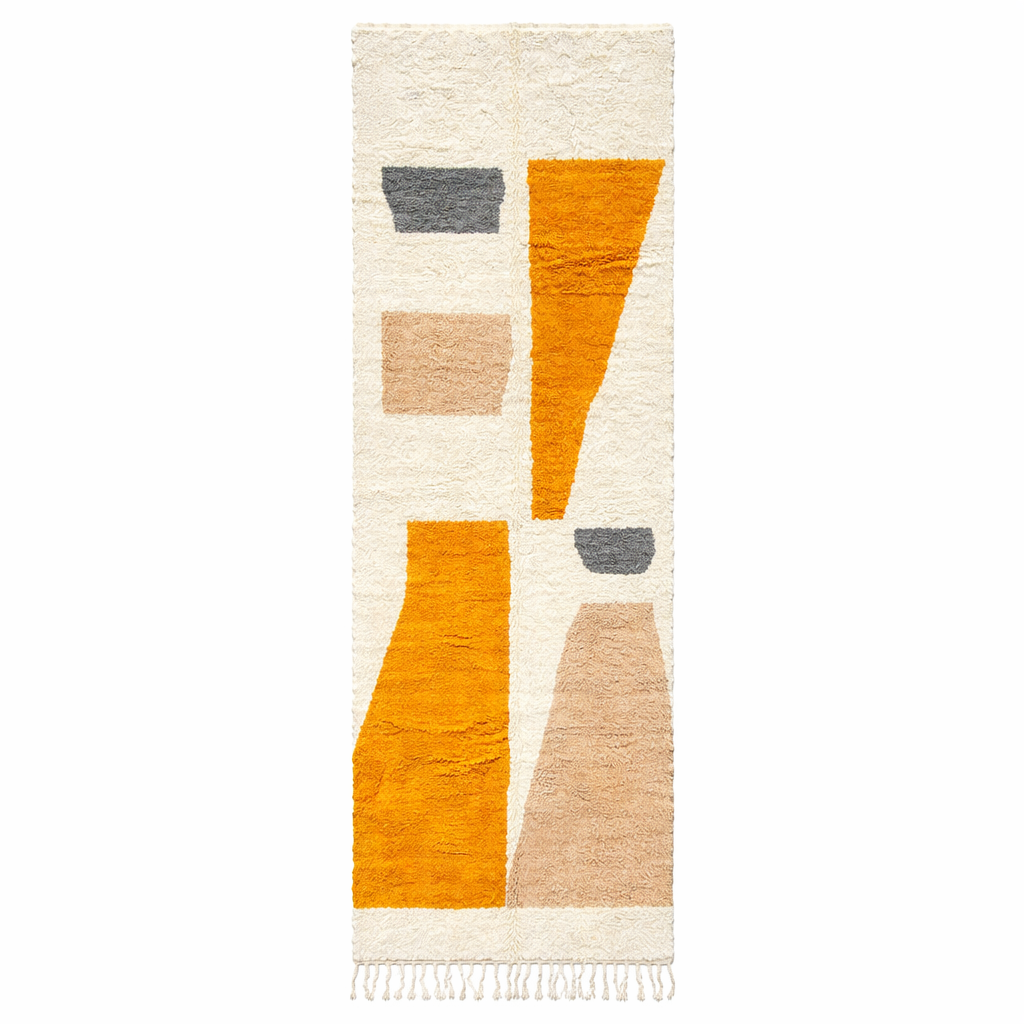 Handmade abstract Moroccan runner rug in white wool with ochre, sand beige and gray organic shapes.