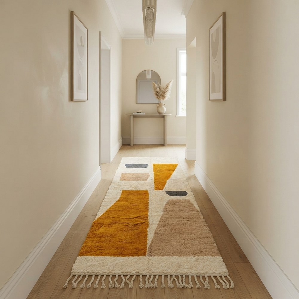 Handmade abstract Moroccan runner rug in white wool with ochre, sand beige and gray organic shapes.
