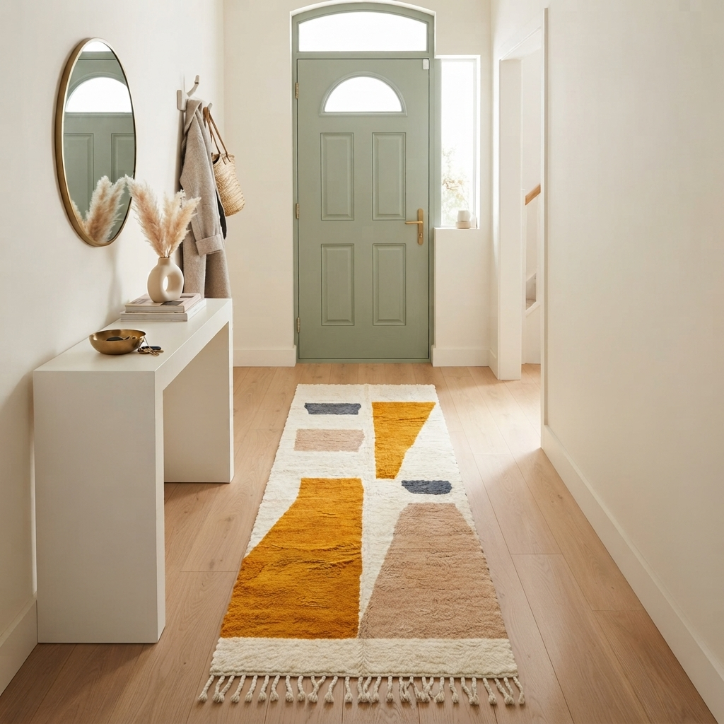 Handmade abstract Moroccan runner rug in white wool with ochre, sand beige and gray organic shapes.