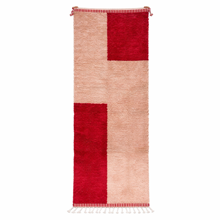 Handwoven modern Moroccan wool runner rug with red and blush color-block design