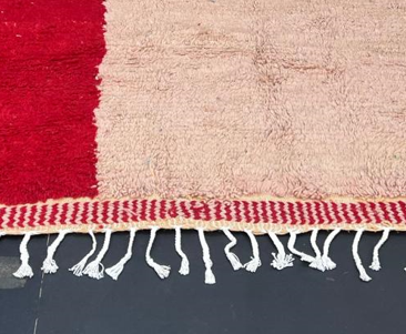 Handwoven modern Moroccan wool runner rug with red and blush color-block design