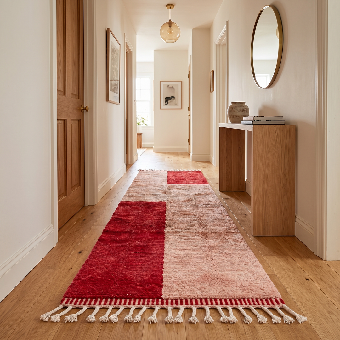 Handwoven modern Moroccan wool runner rug with red and blush color-block design