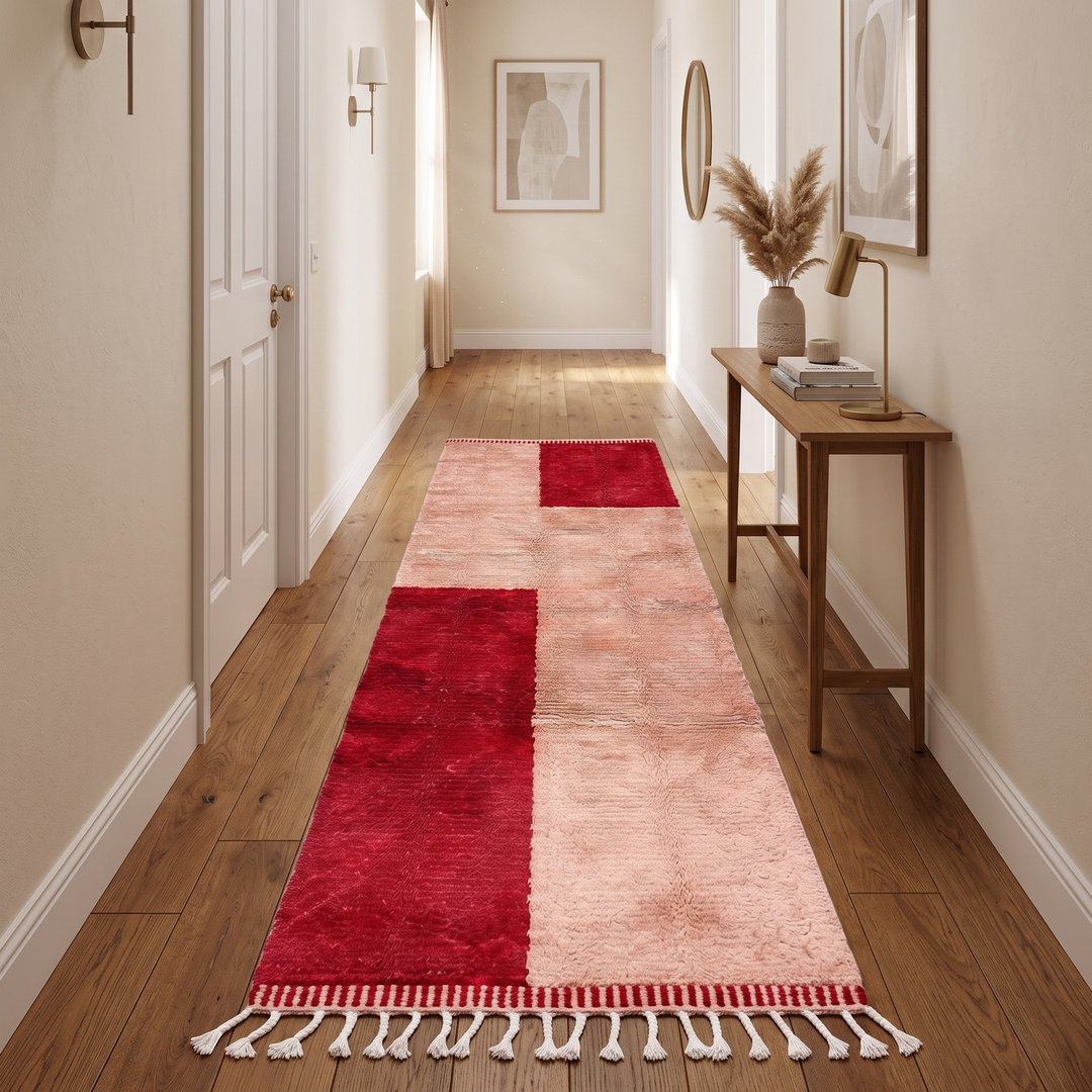 Handwoven modern Moroccan wool runner rug with red and blush color-block design