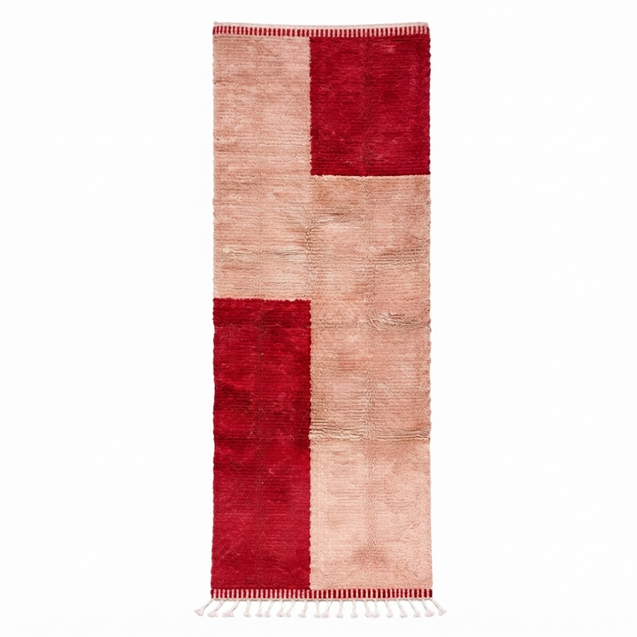 Handwoven modern Moroccan wool runner rug with red and blush color-block design