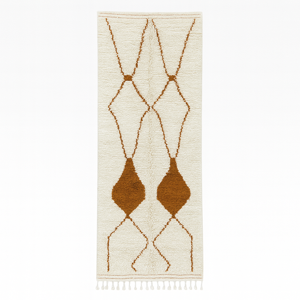 Handmade white Moroccan runner rug with brown geometric tribal diamond pattern.