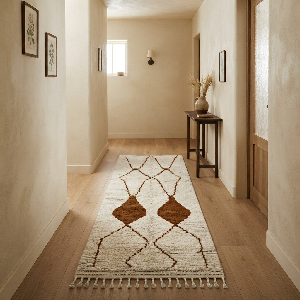 Handmade white Moroccan runner rug with brown geometric tribal diamond pattern.