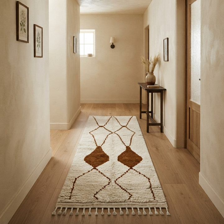 Handmade white Moroccan runner rug with brown geometric tribal diamond pattern.