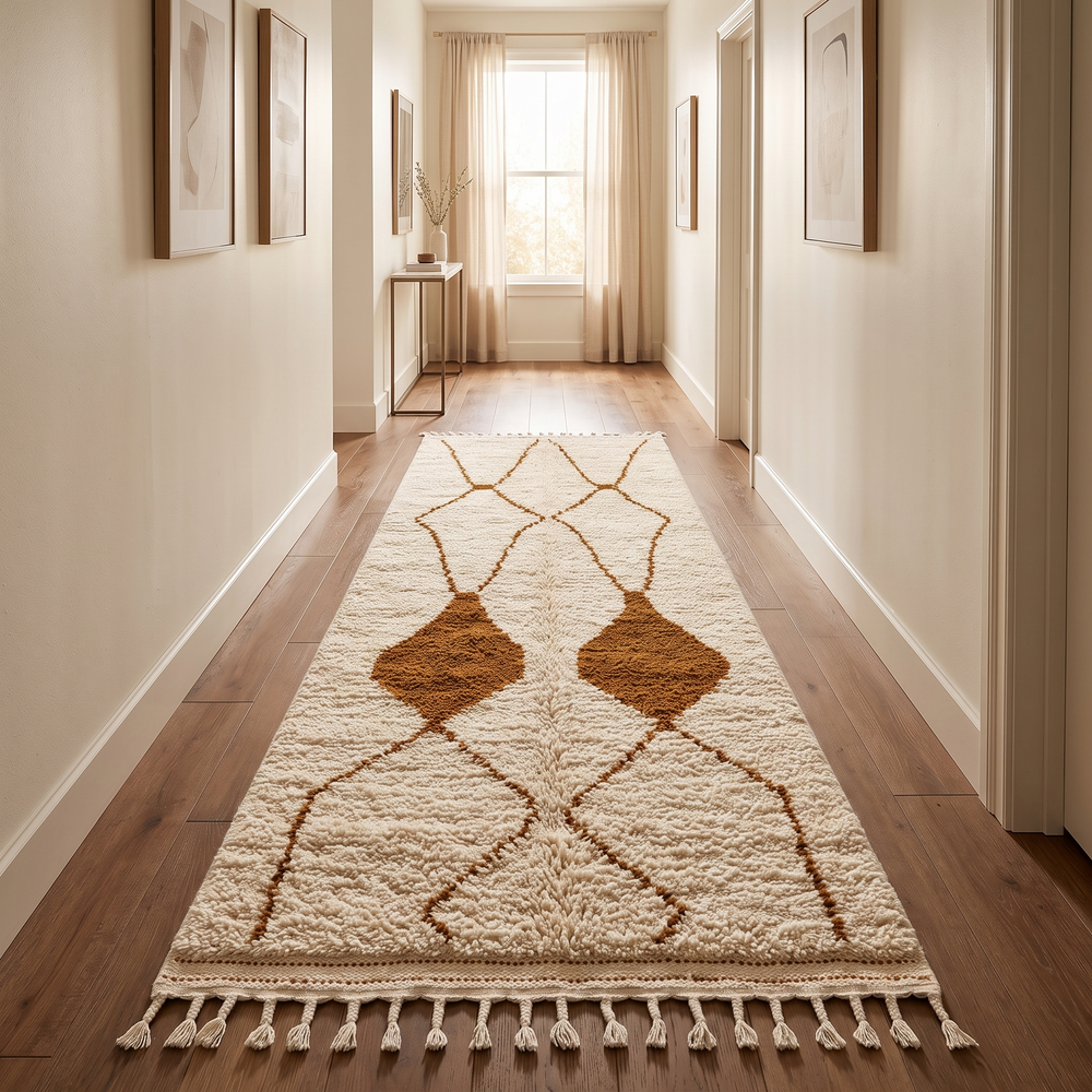 Handmade white Moroccan runner rug with brown geometric tribal diamond pattern.