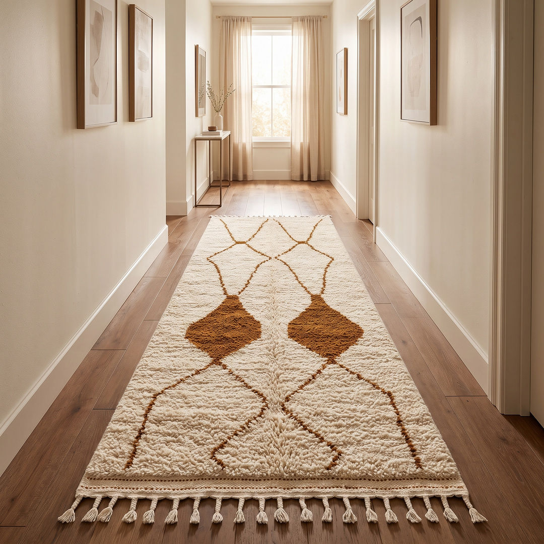 Handmade white Moroccan runner rug with brown geometric tribal diamond pattern.